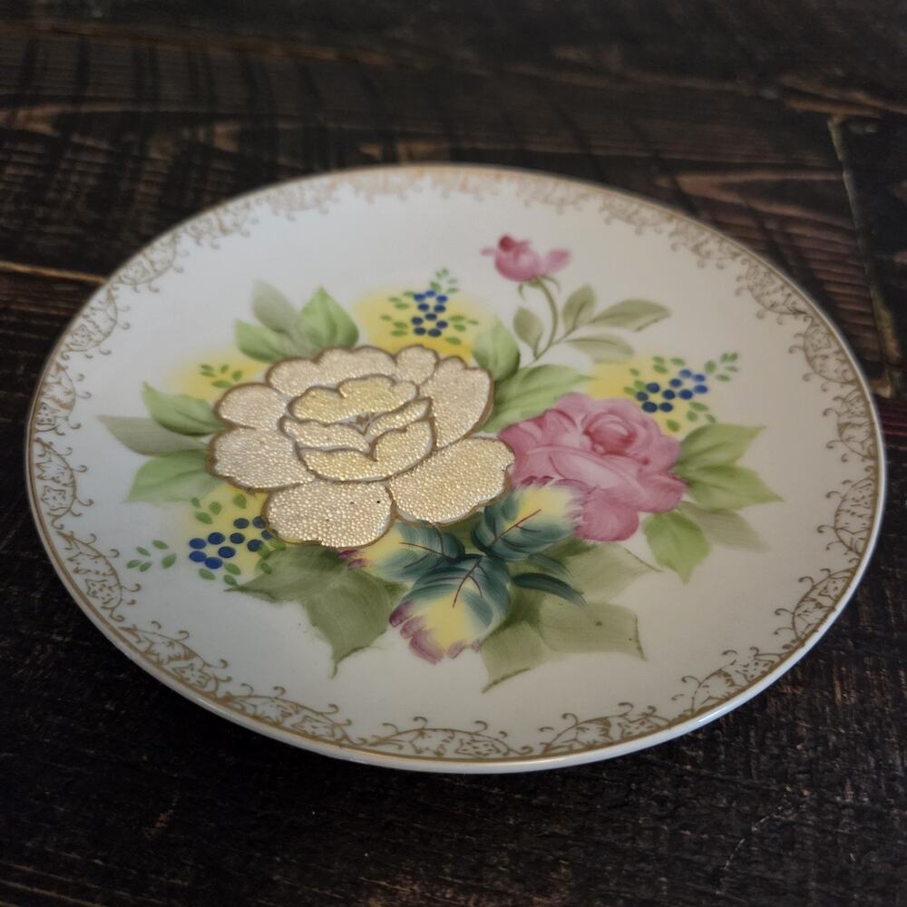 Vintage Wheelock Peoria Japan Raised Yellow Rose Pink Roses Collector Plate